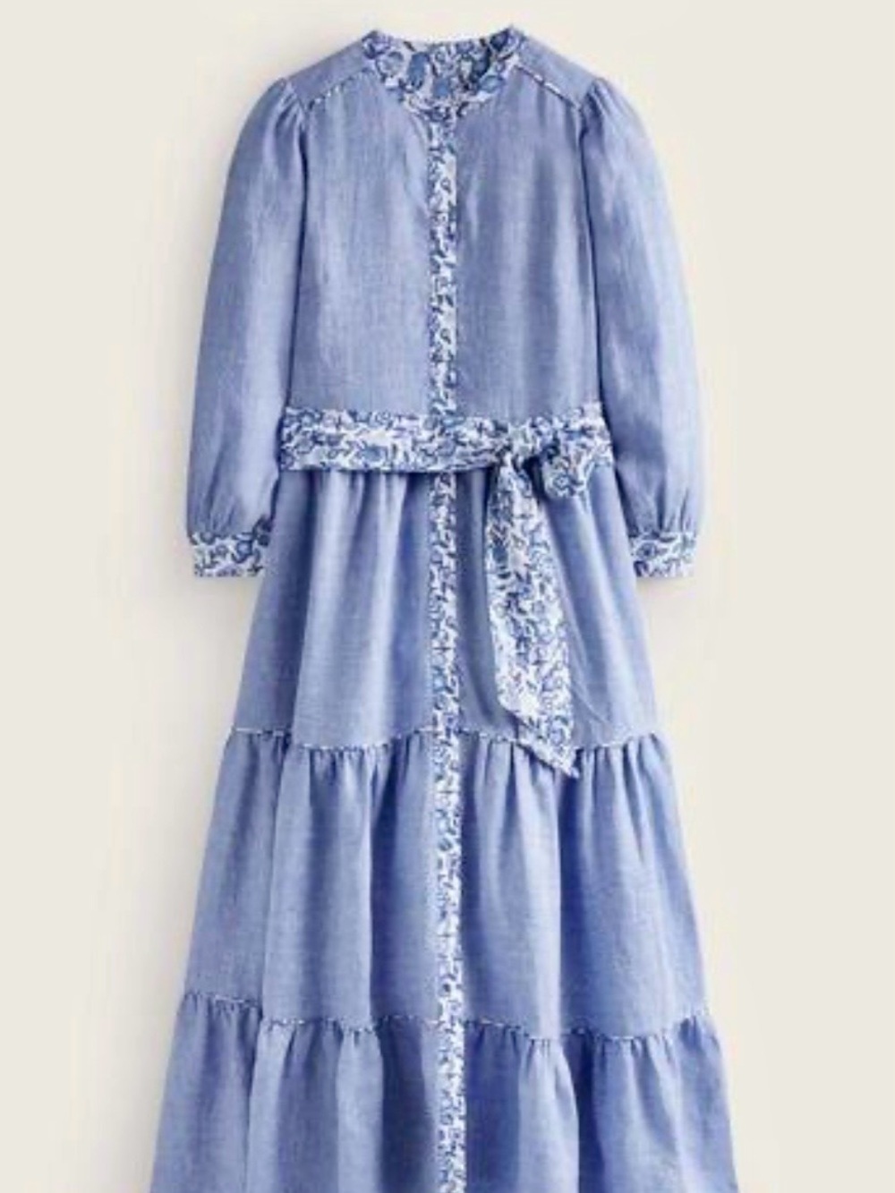 Boden Alba Linen Maxi Dress Light Blue Tiered Long Dress with Floral Trim